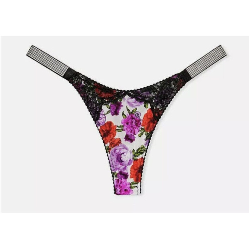 Victoria's Secret Very Sexy La Rose Shine Strap Rhinestone Thong Sz XS Floral‎